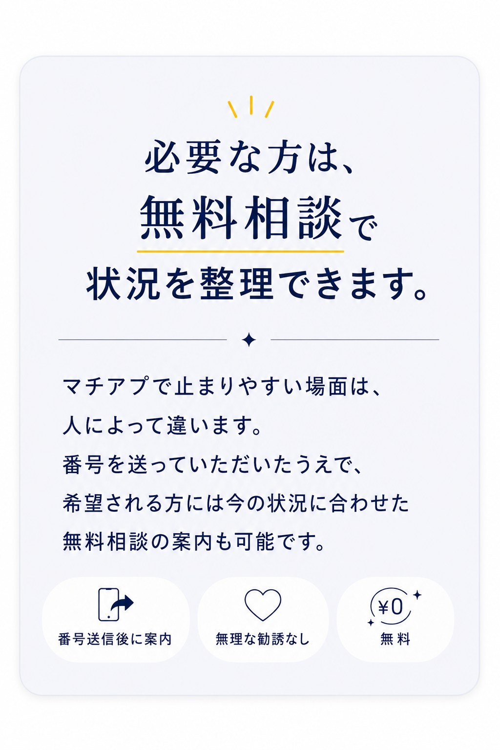 必要な方は、無料相談で状況を整理できます。マチアプで止まりやすい場面は人によって違います。番号を送っていただいたうえで、希望される方には今の状況に合わせた無料相談の案内も可能です。番号送信後に案内／無理な勧誘なし／無料。